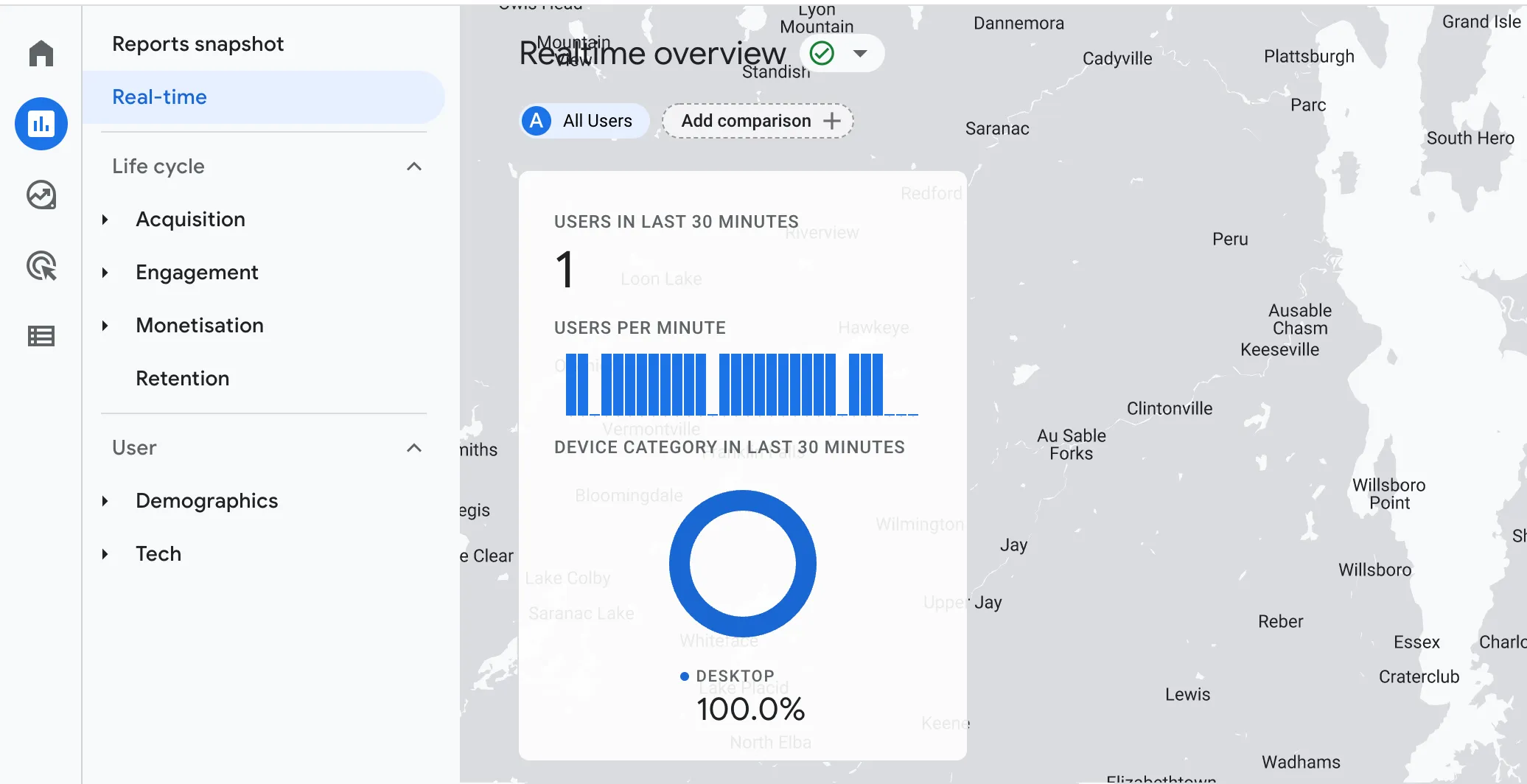 Google analytics real time dashboard with one visitor in the last 30 minutes